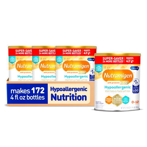 Enfamil Nutramigen Hypoallergenic Baby Formula with Iron, Lactose Free, Colic Relief from Cow's Milk Allergy Starts in 24 Hours, Brain Building DHA, Probiotic LGG for Immune Support, 27.8 Oz, 4 Count