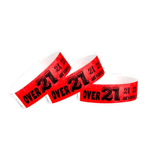 Wristco 500 WristCo Over 21 Neon Red Tyvek Wristbands for Events - ¾” x 10” - Waterproof Recyclable Comfortable Tear Resistant Paper Bracelets Wrist Bands for Concerts Festivals Admission Party