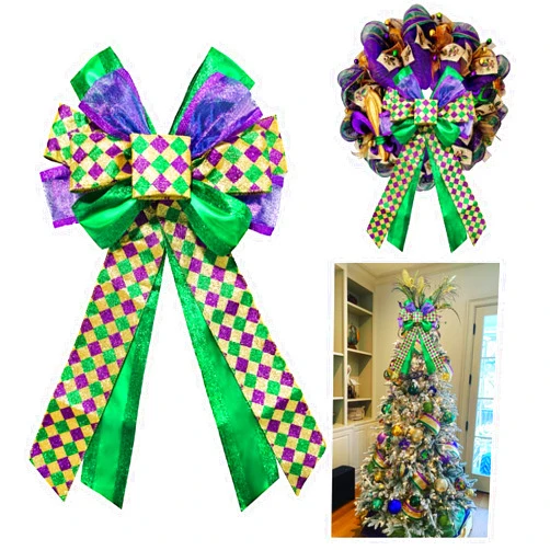 HIENAJ Mardi Gras Wreath Bows, Purple Green Glitter Plaid Mardi Gras Bows for Wreaths Large Mardi Gras Decor Bow for Mardi Gras Carnival Home Garden Indoor Outdoor Decoration Wreath Ornament Supplies