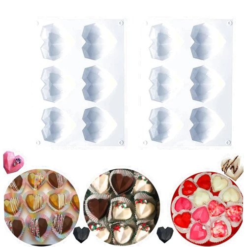 HYCSC Silicone heart mold, Chocolate diamond heart mold, 3D heart shaped silicone tray for baking Breakable Heart, Chocolate, Mousse, Cake (2PCS 6 Cavity)