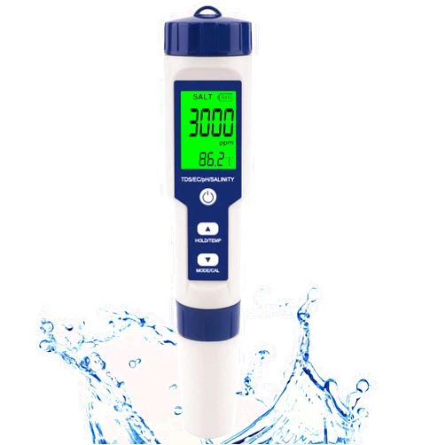 Hofun Pool Salt Tester & PH Meter, Hofun Digital Salinity Meter and PH Tester for Pool Saltwater and Drinking Water, 5 in 1 Salinity PH Temp EC and TDS Meter Swimming Pool Hot Tub Spas, High Accuracy