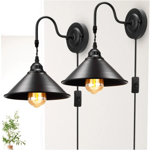 YXTH Plug in Wall Sconces, Vintage Plug in Wall Lamp Set of 2 with On/Off Switch, Metal Black Industrial Wall Mounted Light Fixture for Bedside Bedroom Indoor Doorway (Gooseneck Wall Lamp)