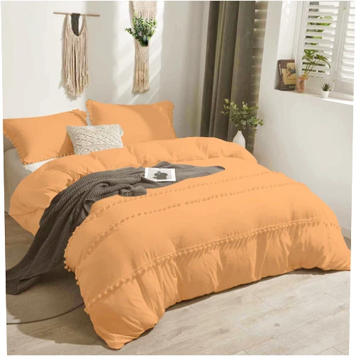 Velosso 3 Piece Boho Chic Pom Pom Design Comforter, All Season Down Alternative Bedding Comforter with 2 Pillow Shams (Full/Queen Size, Sand) 1000 Thread Count | 550 GSM Filling