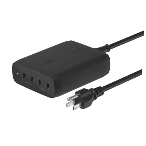 Belkin 4-Port USB C Charger Block, 200W GaN Multi-Port Charger USB-C PD 3.1 Fast Charge + 5ft Power Cord - MacBook, iPhone 17, Air, iPad, Galaxy S25, Google Pixel 10, Nintendo Switch 2 - Black