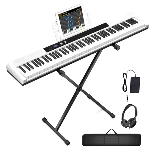 UISCOM 88 Key Semi-weighted Electronic Keyboard Piano,Full Size Digital Piano Portable Keyboard with Stand, Sustain Pedal, Power Supply，MIDI/USB/MP3 Function for Beginners at Home/Stage（White）