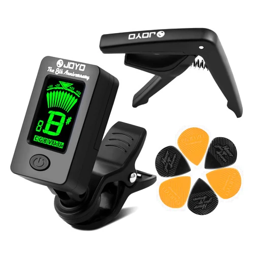 JOYO Guitar Tuner Guitar Capo with 6 PCS Picks Guitar Accessories Clip on Digital Electronic Tuner for Guitar, Bass, Ukulele, Violin, Mandolin