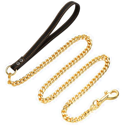 RUMYPET Gold Dog Leash 11MM Heavy Duty Metal Pet Leash 18K Gold Plated Stainless Steel Chain Leash with Padded Handle 3FT/4FT/5FT(11mm,4ft)