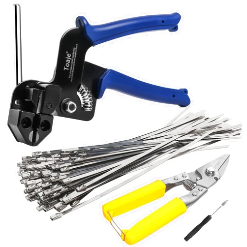 Toaje Metal Zip Ties Tool, Stainless Steel Zip Ties Gun Kit,Heavy Duty Outdoor Adjustable Fastening Cable Tie Gun Tool Sets with 100pcs Self-Locking with 100pcs Self-Locking Metal Zip Ties (Blue, One Size)