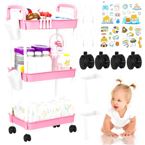 Ripeng 3 Tier Diaper Caddy Movable Baby Diaper Cart Diaper Storage Cart Newborn Essentials Cart Caddy Organizer Mobile Diaper Shelving Unit Cart for Baby Nursery Cart Changing Table(Pink)