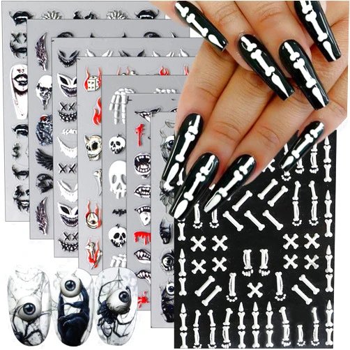 Sutaozhi 5D Halloween Nail Stickers for Nail Art Embossed Skeleton Nail Decals Self-Adhesive Horror Face Eyes Spider Flame Skull Nail Art Charms Supplies Hand Bone Gothic Nail Art Stickers for Women 8Pcs