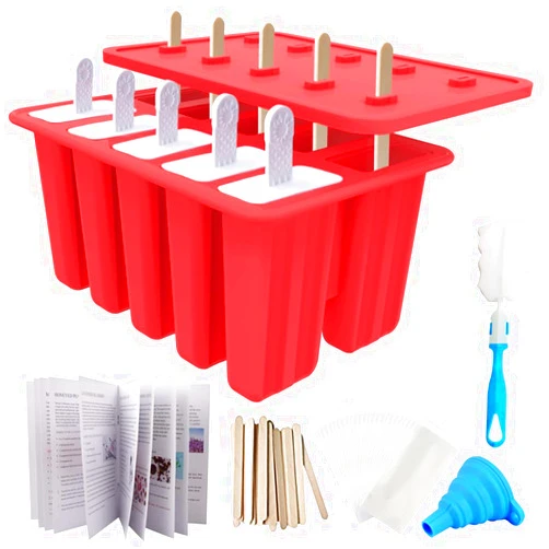 Miaowoof Homemade Popsicle Molds Shapes, 10PCS Silicone Ice Pop Maker Non-BPA, with 50 Sticks, 50 Bags, 10 Reusable Sticks, Funnel, Brush and Ice Pop Recipes