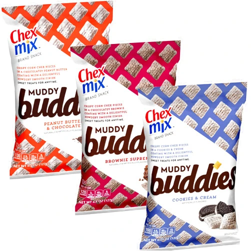 The Hampton Candy Company Variety Snack Pack Muddy Buddies, 3 Pack, Brownie Supreme, Cookies & Cream, Peanut Butter & Chocolate