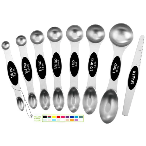 Spring Chef Stainless Steel Magnetic Measuring Spoons Set with Strong N45 Magnets, Heavy Duty Metal Kitchen Gadgets for Baking & Cooking, Fits in Most Kitchen Spice Jars, Set of 8 with Leveler, Black