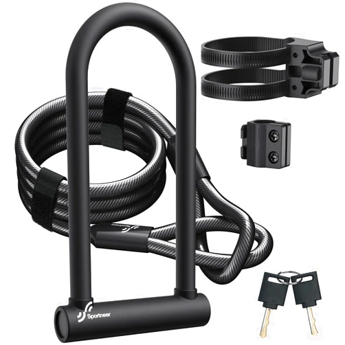 Sportneer Bike Lock: Heavy Duty Bike U Lock with 6ft Security Steel Cable - 18mm Shackle Bicycle U-Locks with Keys and Sturdy Mounting Bracket for Road Mountain Bike Bicycle, Size 11.5''x6.25''
