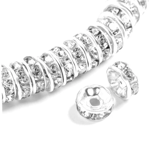 ZHIMIN 200PCS Rondelle Spacer Beads 6mm Silver Plated Czech White Crystal Rhinestone for Jewelry Making
