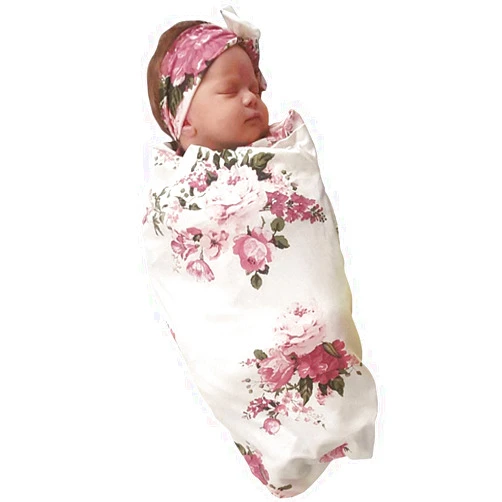 DPSKY Infant Baby Summer Floral Receiving Blankets Coming Home Outfit Girls Sleeping Bag Swaddle Blanket with Headband Set