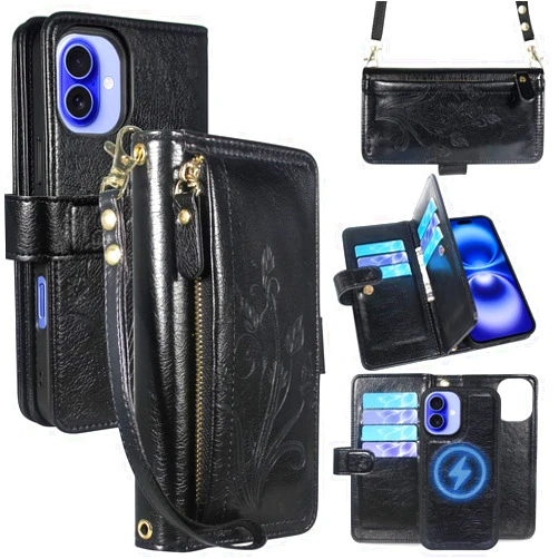 Lacass for iPhone 16 6.1 inch Detachable Crossbody Wallet Case, Compatible with MagSafe Wireless Charging, [Cards Theft Scan Protection], Magnetic Case Stand PU Leather Zipper(Floral Black)
