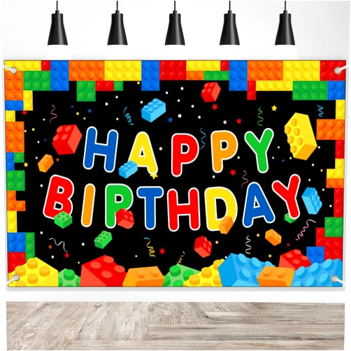 Ledander Birthday Banner Backdrop for Kids - 71 * 43in Happy Birthday Photography Background Party Decorations for Boys Girls, Building Blocks Theme Birthday Hanging Decoration Party Supplies (Black)