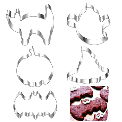 Kanehosi Halloween Cookie Cutters 5pcs, Cat Bat Pumpkin Magic Hat Cookie Cutter Sturdy Easy to Clean & Demold Pancake Dough Molds, Fondant Cutters for Baking Biscuit