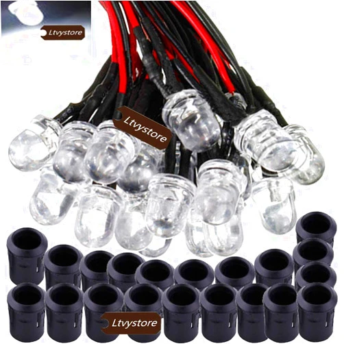 Ltvystore 20Pack 10MM 12V White LED Pre Wired Prewired 7.87 Inch Lamp Light Bulb Prewired Emitting Diode& 20Pack Black 10MM LED Plastic Clip Holder Display Panel (White)