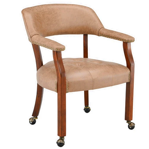 LEEMTORIG Dining Chairs with Casters and Arms, Rolling Dining Chairs with Wheels, Solid Wood Office Desk Chairs, 26“Dx25.2 Wx31.5“H, Cherry Legs & Yellowish Brown Fabric SY-1533-LT