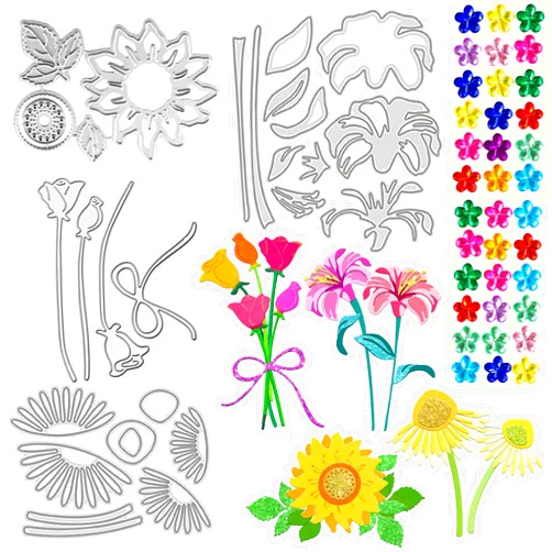 Daily Treasures DailyTreasures 4 Set Flower Metal Cutting Dies, 28Pcs 3D Flower Leaves Embossing Stencils Thanksgiving Christmas Craft Dies with 36Pcs Rhinestone for Album Scrapbooking Mother's Day Card Making