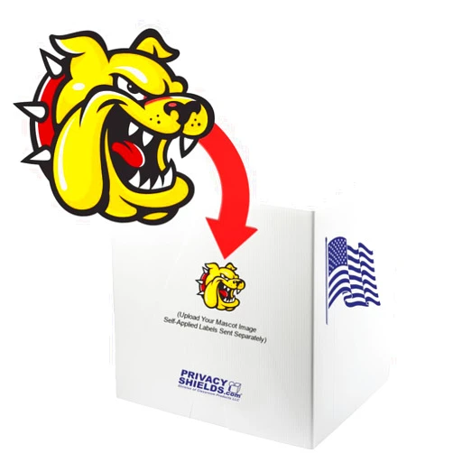 PrivacyShields.com Your Mascot on Premium™ Privacy Shields. Upload Your Image. Shields Ship First. 5” Stickers That You Apply Ship in 2 Weeks. 1 Per Shield. No Returns.