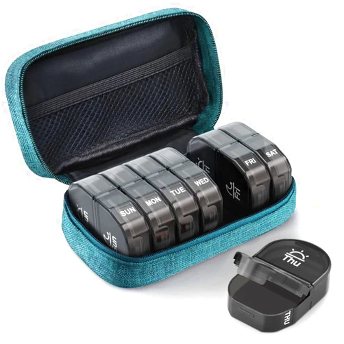 AUVON Canvas Bag Travel Pill Organizer 2 Times a Day, Large AM/PM Weekly Pill Box 7 Day Pill Case with Portable Cyan Zipper Cloth Bag for Holding Supplements, Vitamins and Fish Oils