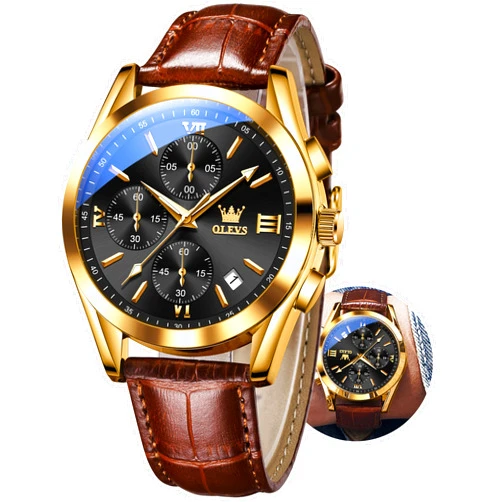 OLEVS Men's Watches Brown Leather with Date,Casual Watches for Men,Large Face Watches Men,Chronograph Mens Watch,Sport Waterproof Business Dress Analog Quartz Men's Wrist Watches Reloj De Hombre