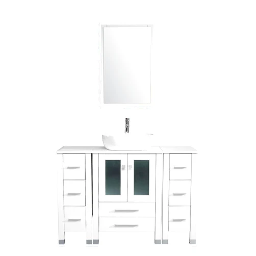 Higorl Modern 48” Bathroom Vanity Set with one Main Cabinet and Two Side cabinets,1.5 GPM Chrome Bathroom Solid Brass Faucet & Pop Up Drain Combo,with Mirror