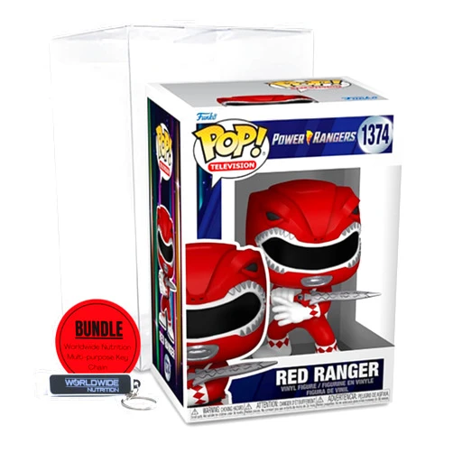 Worldwide Nutrition Bundle: Funko Mighty Morphin Power Rangers 30th Anniversary - 3.75 inches Red Ranger Funko Vinyl Figure with Compatible Box Protector Case and Multi-Purpose Key Chain