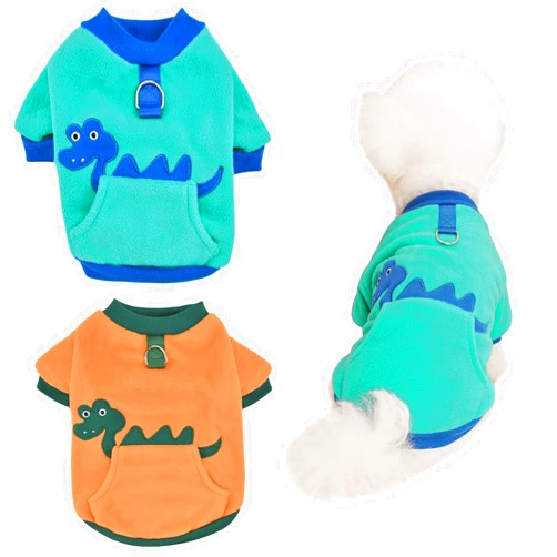 CooShou Dog Sweater for Puppy Cats Warm Stretched Sweatshirt Cute Dinosaur Pattern Winter Clothes with Pocket for Small Dogs Cats S