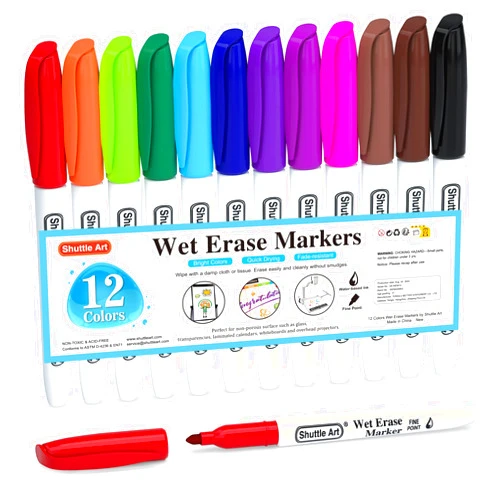 Shuttle Art Wet Erase Markers, 12 Colors 1mm Fine Tip Overhead Projectors Transparency Smudge-Free Markers, Works for Laminated Calendars Whiteboard Schedule Glass, Wipe with Water