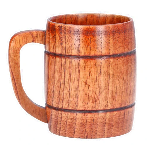 Tomotato Wooden Beer Mug, 10oz/300ml Wooden Drinking Mugs Handmade Retro Wood Cup with Handle Wood Carving Beer Tankard Barrel Mug for Water Tea Coffee Wine Beer