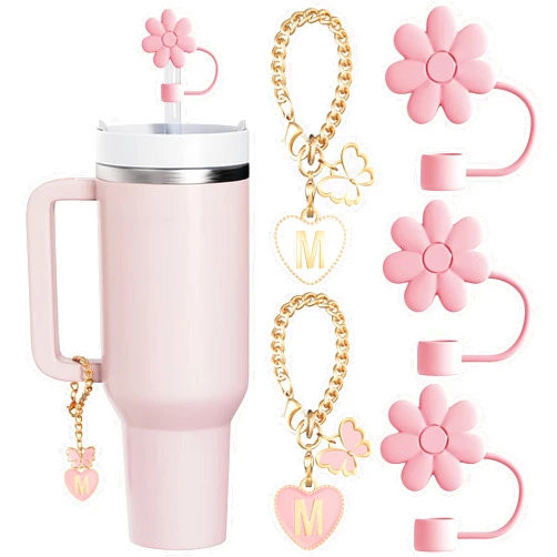 ANLABESY Compatible with Stanley Cup Accessories, 3PCS Hot Pink Straw Toppers for Stanley Cup Straw Cover Cap, 2PCS Cute Letter Charms for Stanley 30&40 Oz Tumbler with Handle(M)