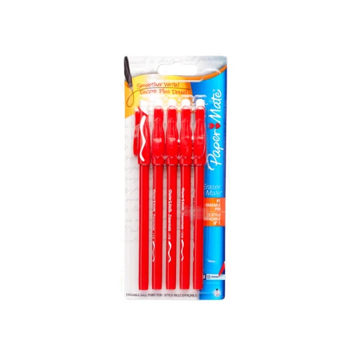 Paper Mate Erasermate Stick Medium Tip Ballpoint Pens, 5 Red Ink Pens