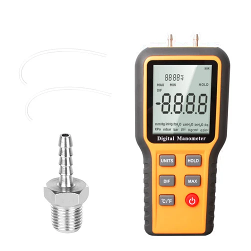 JRangelp Digital Manometer Professional Air Pressure Meter, Dual-Port Gas Pressure Tester Handheld HVAC Manometer 12 Selectable Units Differential Pressure Gauge with Battery & Backlight