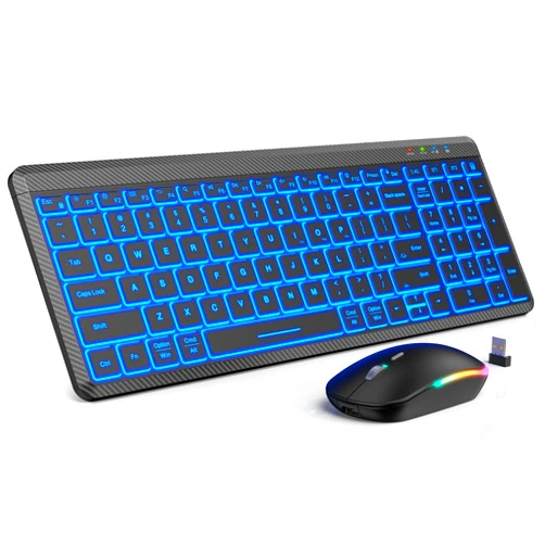 SABLUTE Wireless Keyboard and Mouse Bluetooth, Slim Portable Backlits Keyboard, Rechargeable, Multi-Device, Switch up to 3 Devices, Silent RGB Cordless Mouse, for PC, Windows, iOS, MAC, Laptop - SABLUTE
