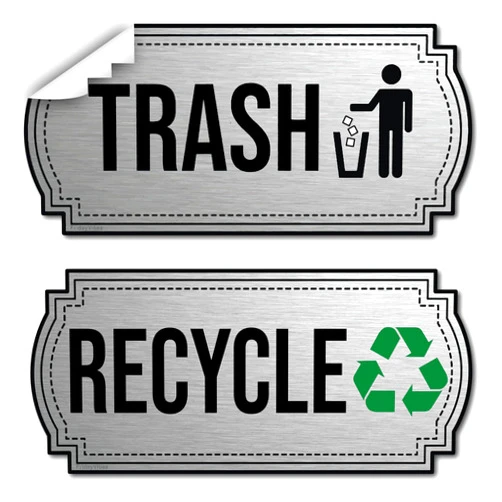 FridayVibez Recycle and Trash Stickers for Trash Cans - Stainless Steel Style Vinyl Recycling Bin Labels - 2 Pack - 6.5