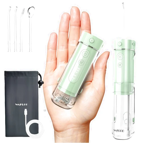 WAFLOO Water Flosser Travel Mini Cordless Portable: 5 Modes Water Dental Floss with Telescopic Water Tank, 4 Tips, IPX7 Waterproof (Green)