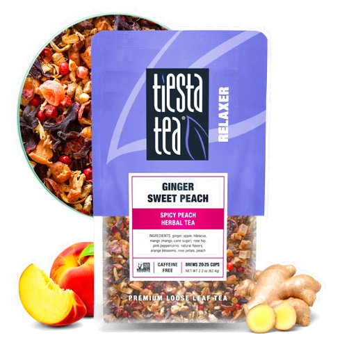 Tiesta Tea - Ginger Sweet Peach, Spicy Peach Herbal Tea, Loose Leaf Peach Tranquility, Non-Caffeinated, Bulk Herbal Tea Leaves, Hibiscus Blend and Cane Sugar, 25 Cups, Resealable Pouch - 2.2 Ounce