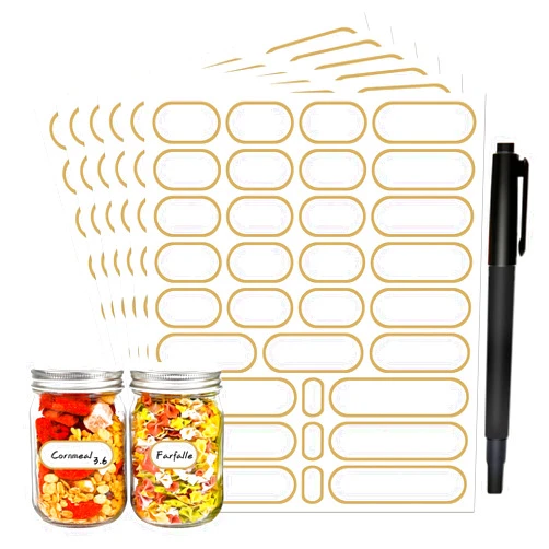 JaoNanl Spice Labels Stickers,Waterproof Pantry Labels for Mason Jars,Food Containers,Spice Jars,Storage Bins,Bottles,Kitchen Labels with Marker Pen,4 Sizes,Pack of 192(Gold)