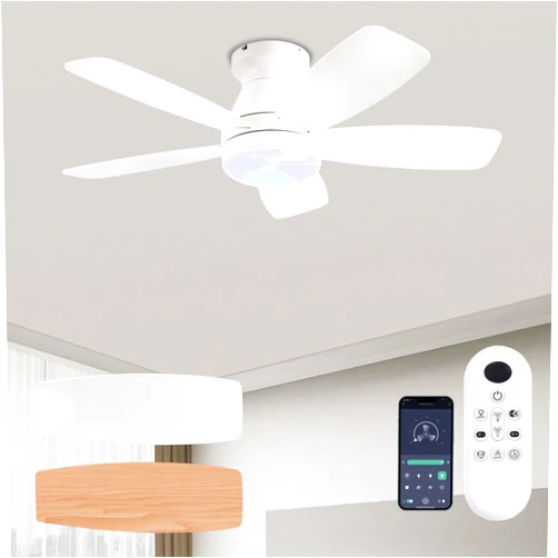 JSAITEE Ceiling Fans with Lights, 42 Inch Low Profile Ceiling Fan with Light and Remote/App Control, Flush Mount, Reversible, 3CCT, Dimmable, Noiseless, White Ceiling Fan for Indoor/Outdoor Use