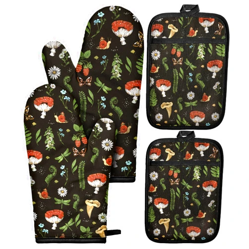 Miss Adola Cotton Oven Mitts and Pot Holders Sets - Quilted Lining Heat Resistant 4 Pieces Set with Hanging Loop Cute Farmhouse Boho Spring Kitchen Decor and Accessories, Black Mushroom