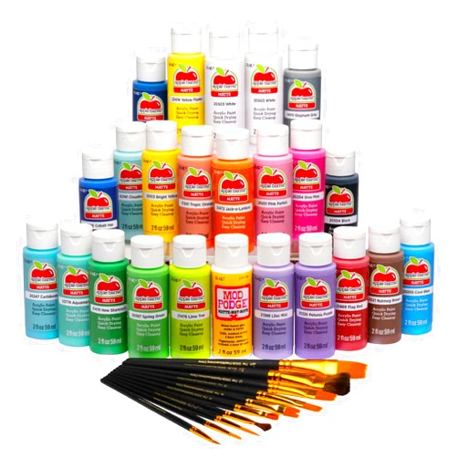 Apple Barrel Art Lessons Paint and Brush Set, 34 pc Kit Including 23 2 fl oz Apple Barrel Acrylic Paint Colors, 1 2 fl oz bottle of Mod Podge Matte, 10 FolkArt Brushes, 6 Video Lessons And More