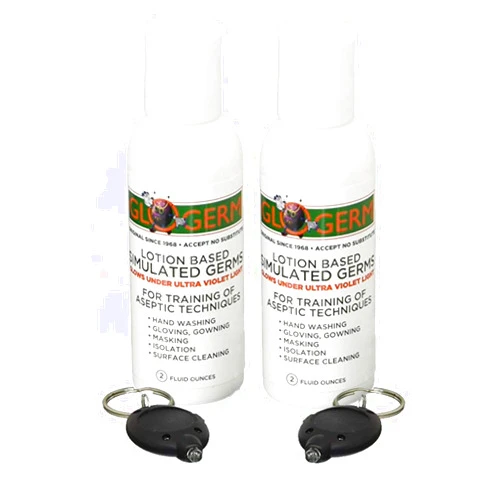 GLO GERM Mini Gel Kit 2 Pack (Two 2 oz Bottles, Two UV Light Keychains) - Gel Lotion Based Simulated Germs - Helps Promote Better Hand Washing Habits - Training for Aseptic Techniques - Double Pack