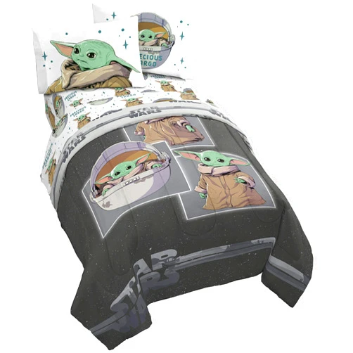 Jay Franco Star Wars The Mandalorian Curious Child 4 Piece Twin Bed Set - Includes Reversible Comforter & Sheet Set - Bedding Features The Child Baby Yoda Grogu - Super Soft
