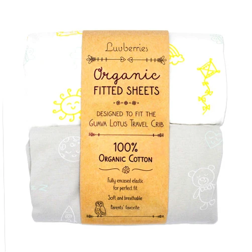 Luvberries Guava Lotus Travel Crib Sheets (Set of 2) - 100% Organic Cotton Crib Sheets, Baby and Toddler, Fitted Crib Sheets, for Boys & Girls (for The New 4 TAB Mattress ONLY) (Day and Night)