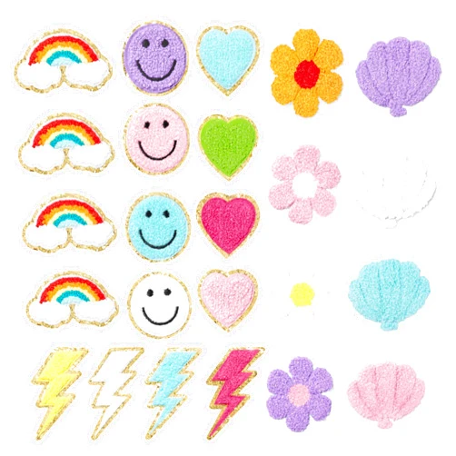 Kirako 24Pcs Preppy Iron on Patches for Girls Cute Glitter Smile Lightning Bolt Rainbow Chenille Embroidered Repair Patches Sew on Applique DIY Craft Accessories for Backpacks Clothing Jackets Hats