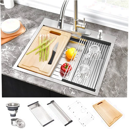 Hovheir 25 Inch Drop In Kitchen Sink Stainless Steel-Hovheir 25x22 Drop In Kitchen Sink Double Ledges Workstation Topmount Sink 16 Gauge Stainless Steel Single Bowl Deep Kitchen Sink with Cutting Board